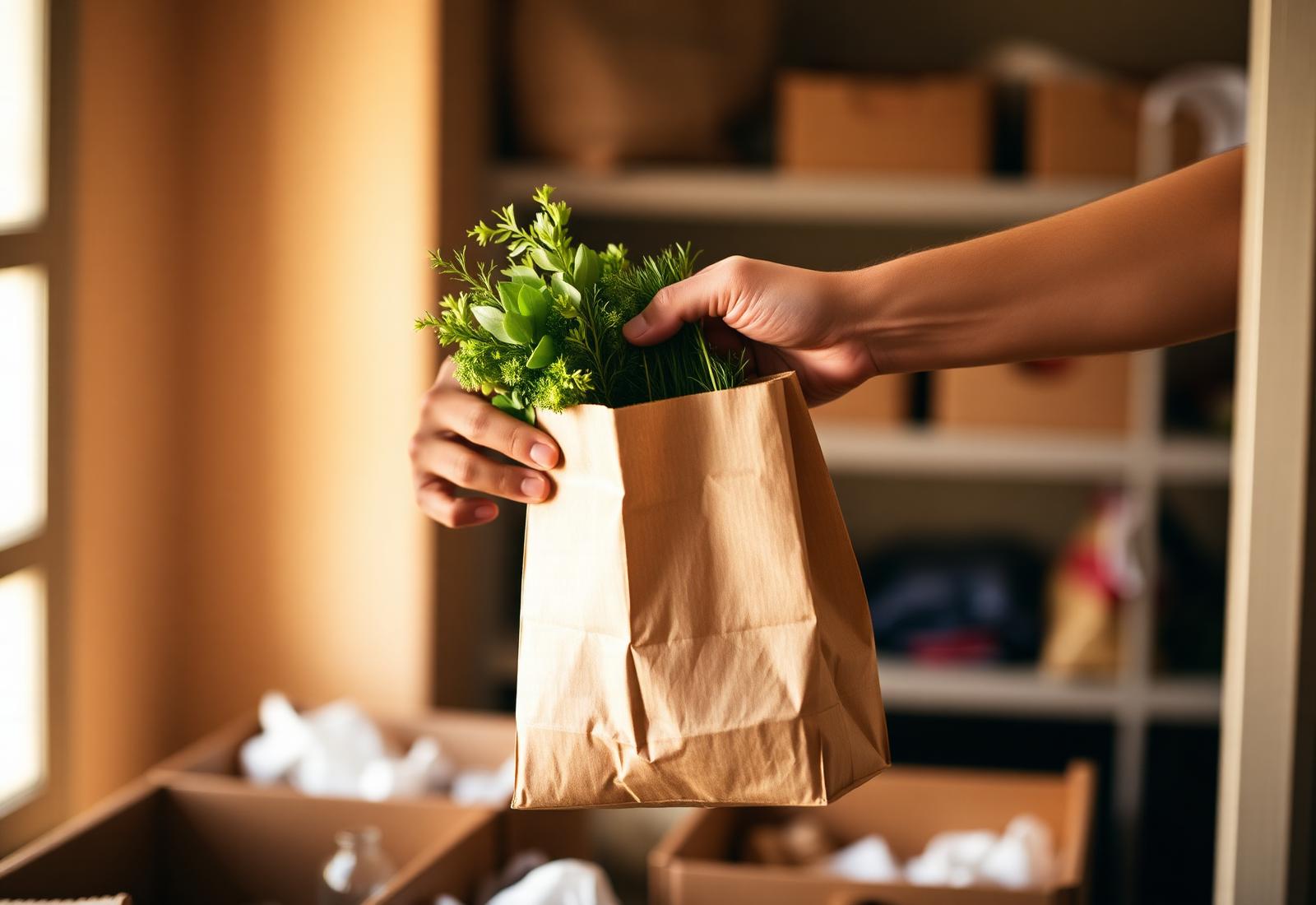 Hands passing a paper bag of fresh produce