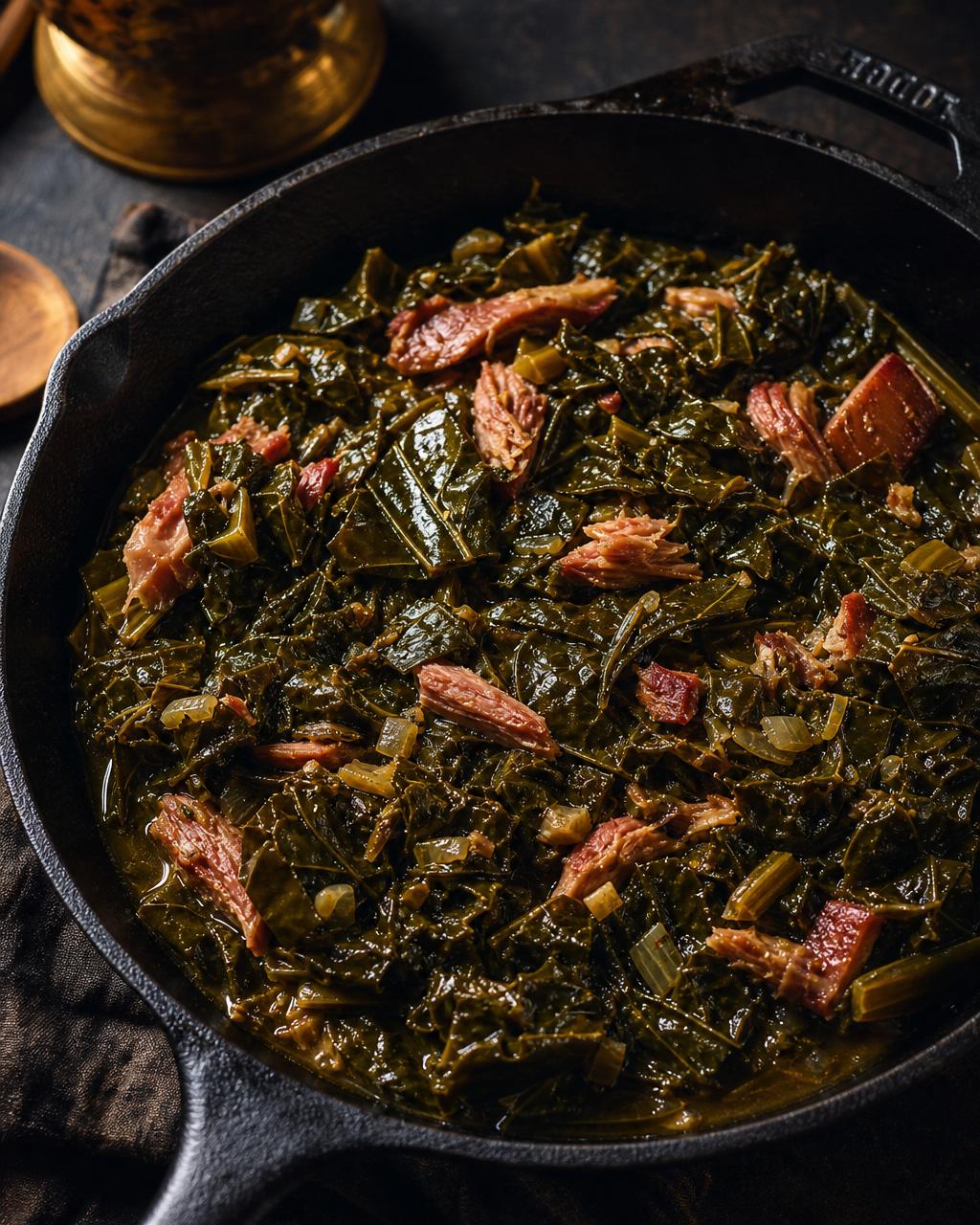 Southern collard greens simmered with smoked turkey