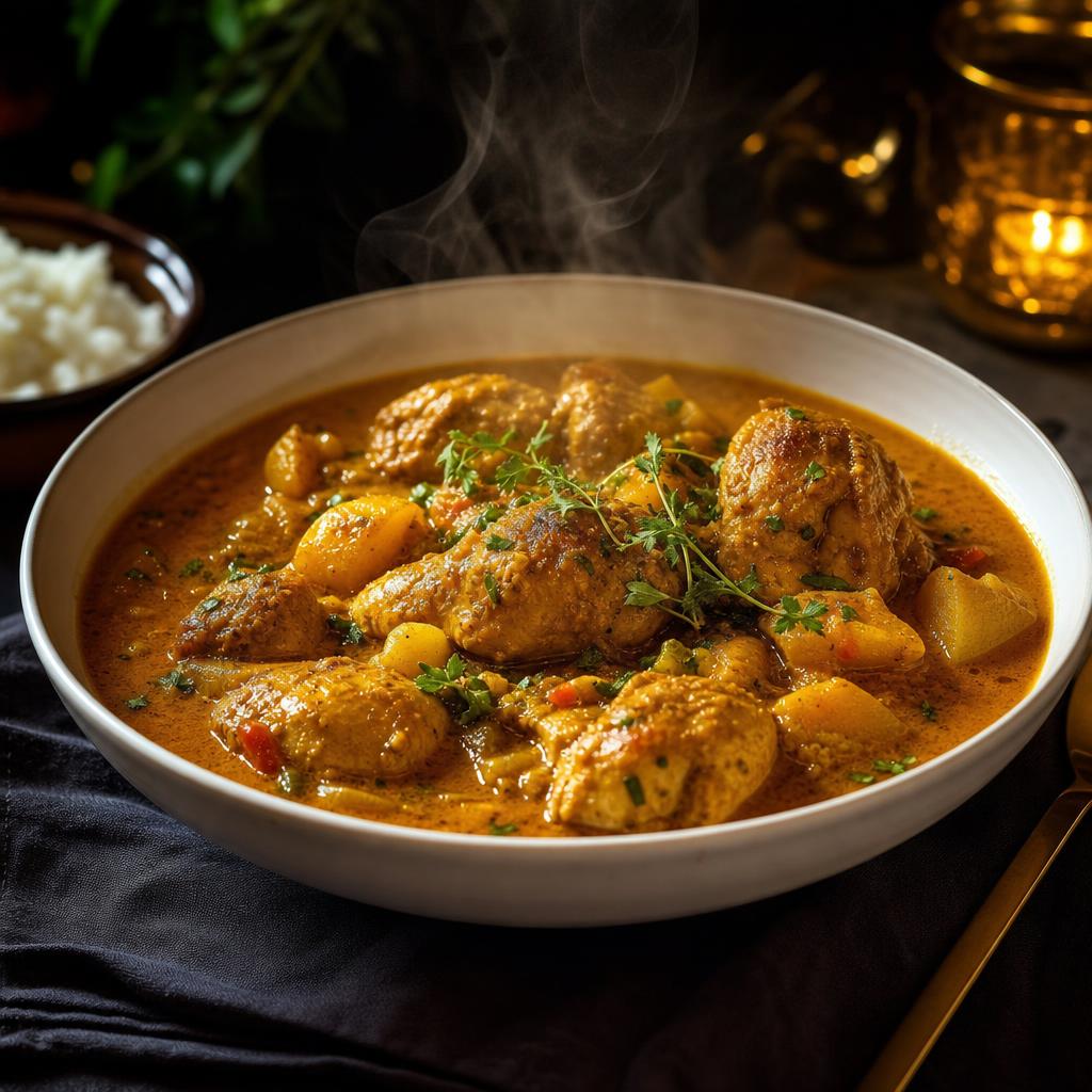 Caribbean curry chicken in rich golden sauce