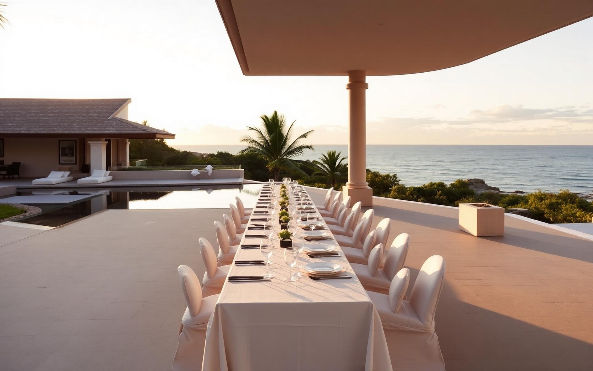 Coastal villa dining at golden hour