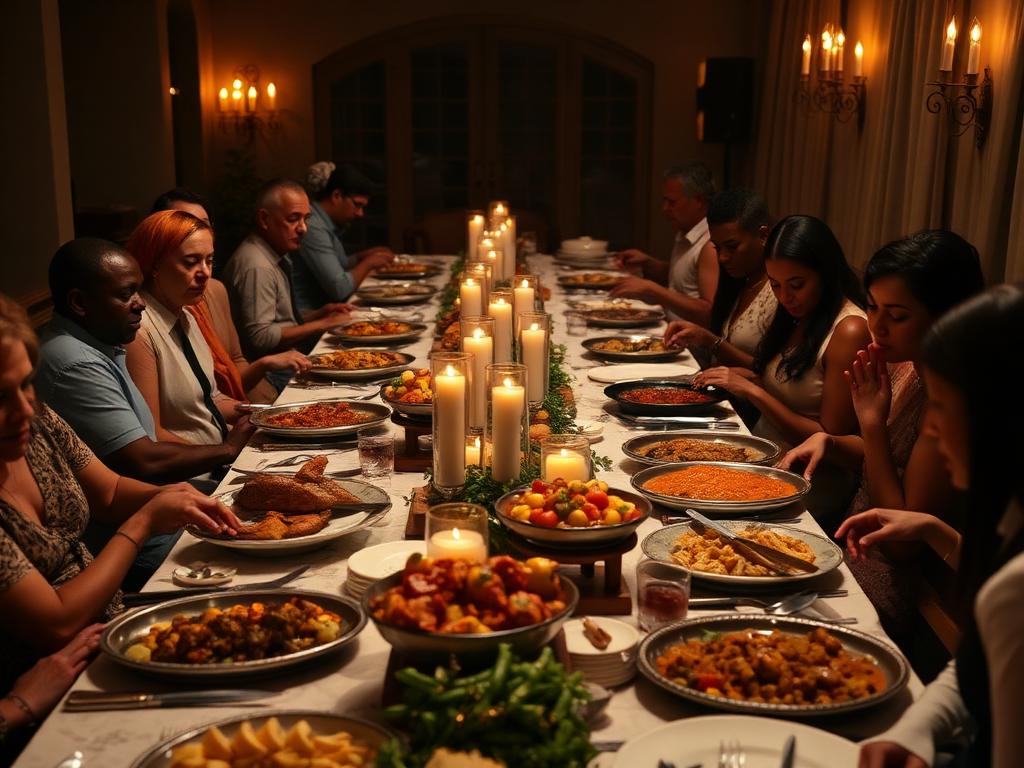 Family-style dinner table at a catered celebration