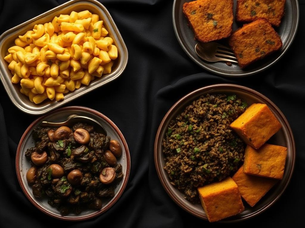 Catering trays and serving dishes on a dark linen tablecloth