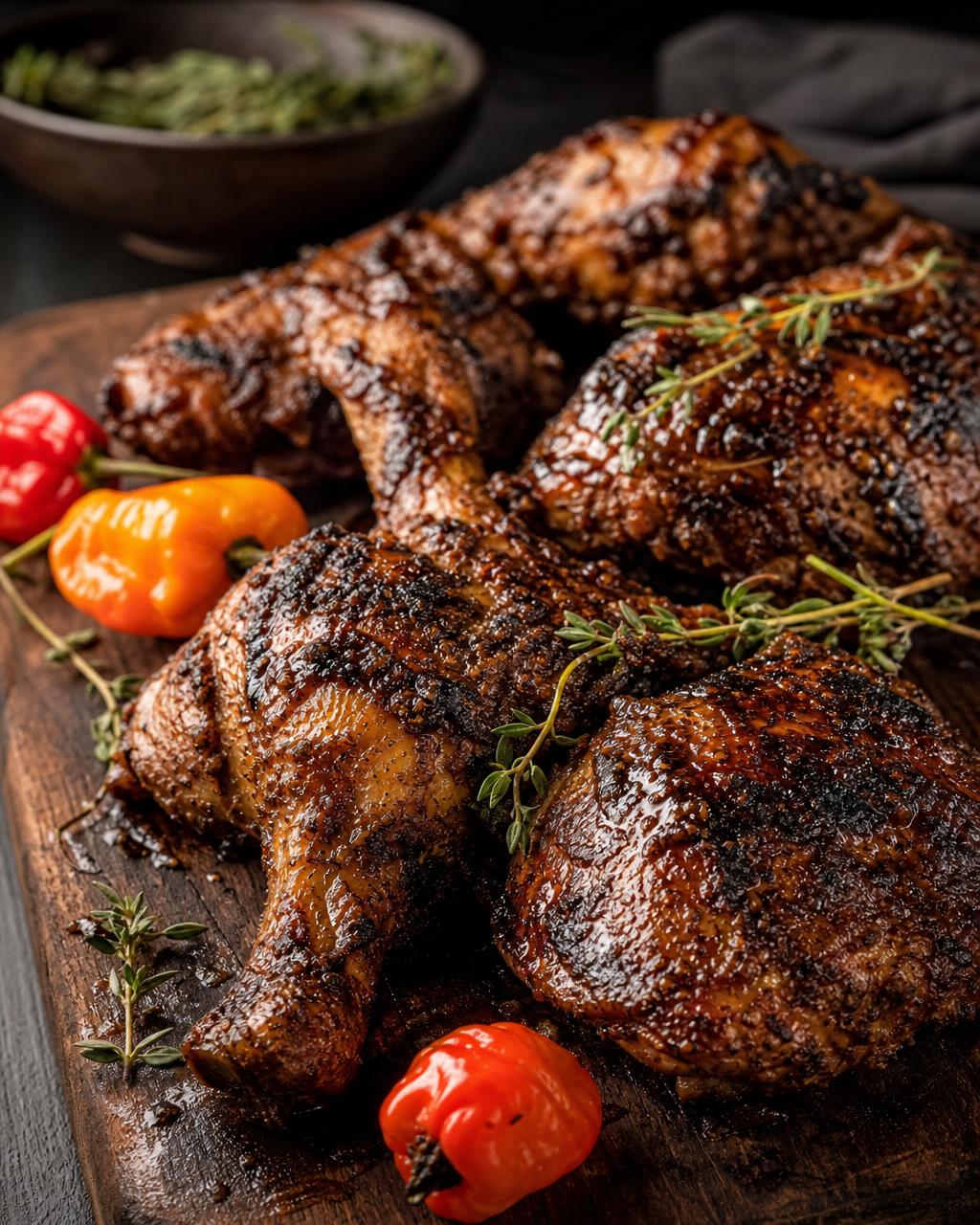 Jerk chicken with charred glaze and fresh thyme